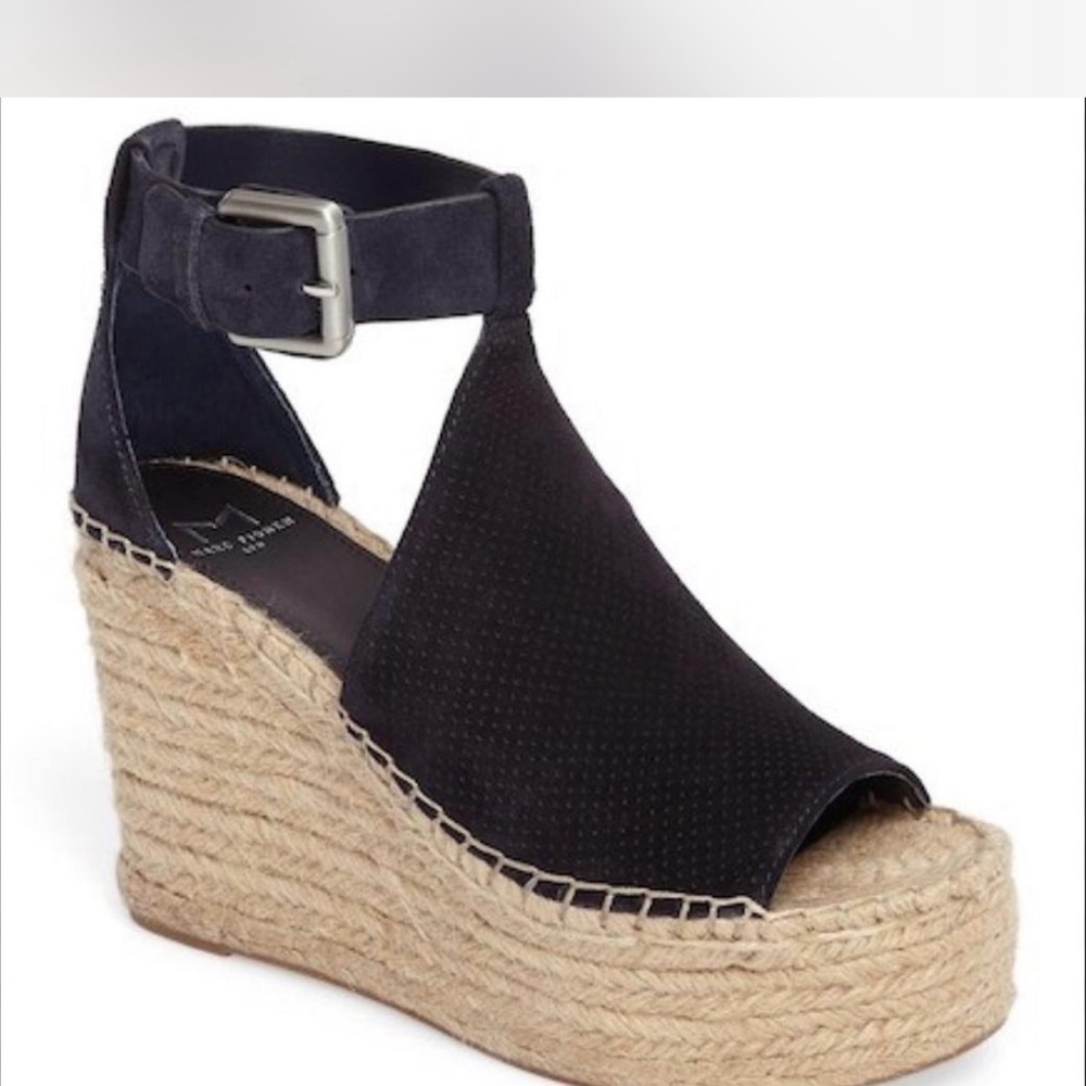 MARC FISHER Lannie Black Leather Platform Wedge Espadrille Sandals 8.5